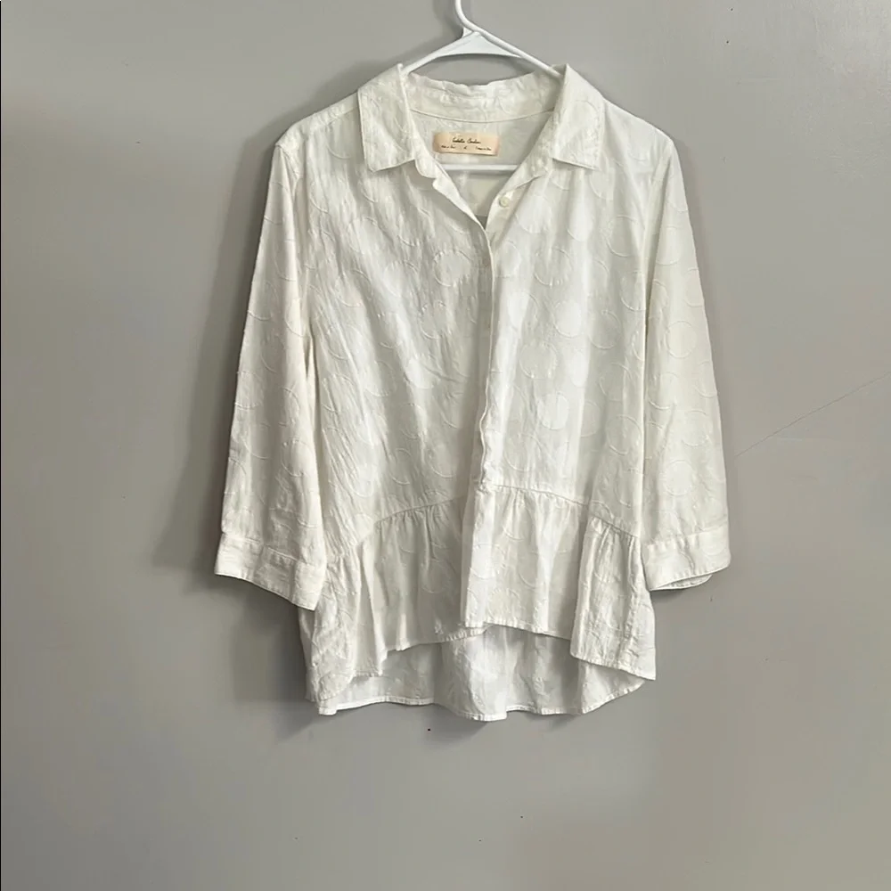 Cream Peplum Blouse with Notched Collar and 3/4 Sleeves